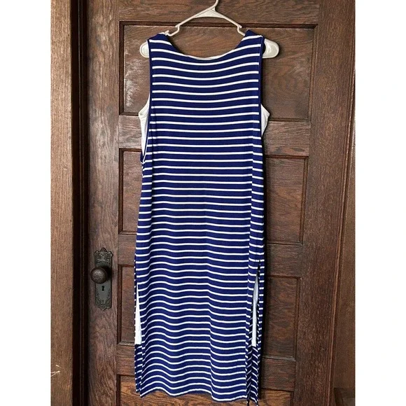 chicos blue dress Chicos Asymmetrical Dress Women's 2 (L) Blue White 2 Pocket 3/4 Sleeve Pullover